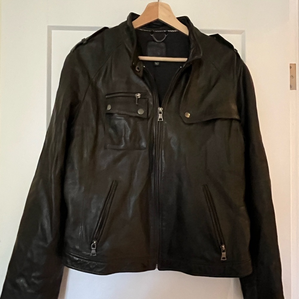 NWOT Banana Republic BR Genuine Leather XL Moto Jacket Soft Black/Dark Grey